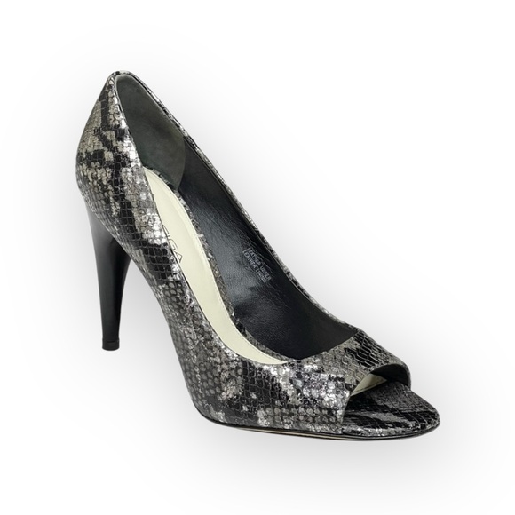 new Via Spiga  Metallic Python Leather Peep Toe Heels Pumps  Black Grey  8.5M